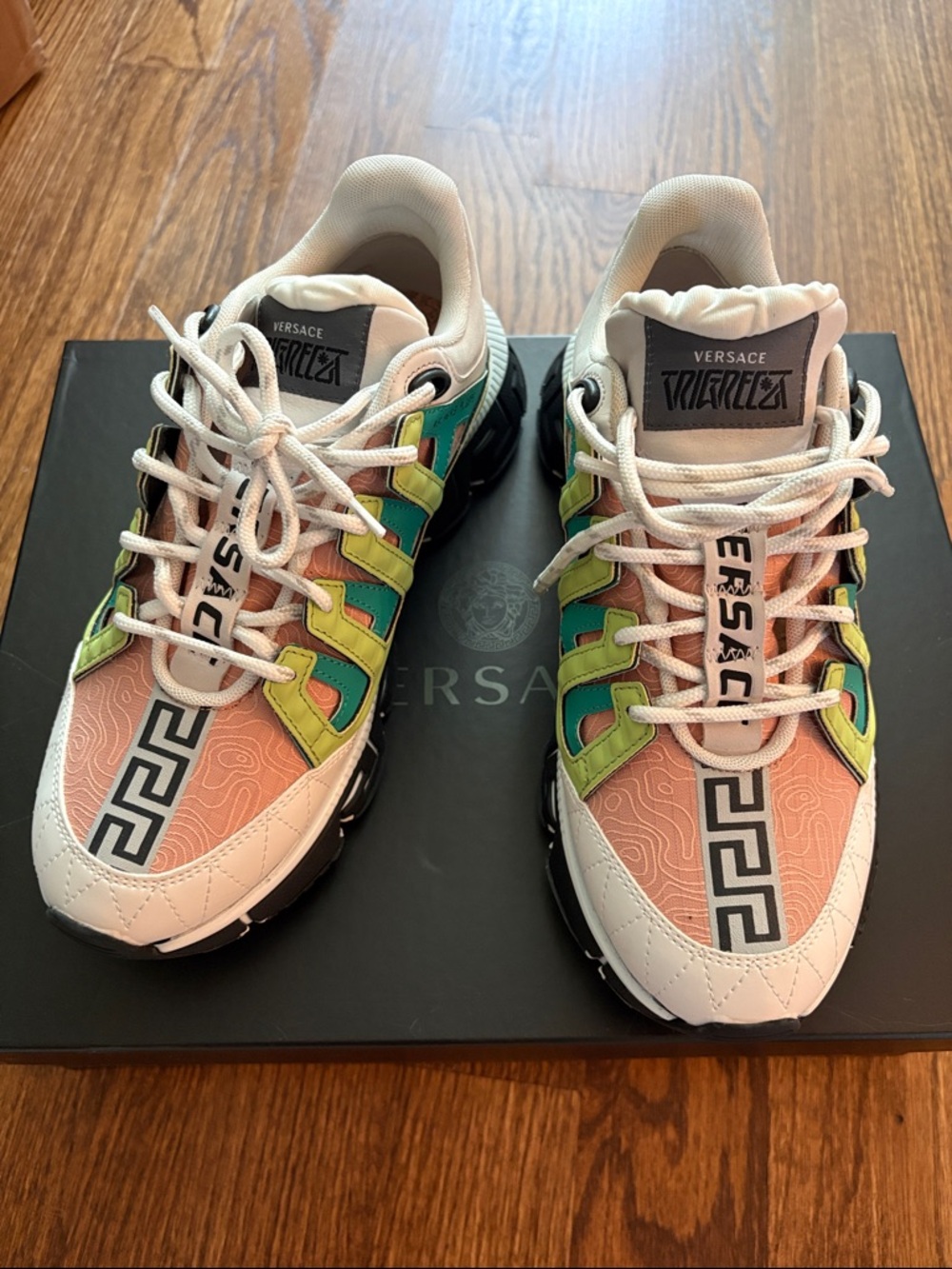 Versace Lime Green Teal Pink Greek Key Sneakers NWT dust bag and box - Picture 4 of 10